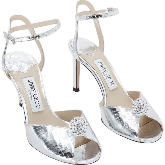 Jimmy Choo Sacora Silver Crystal Ball Ankle Strap Heels Peep Toe Women's US 6.5 - Picture 4 of 6